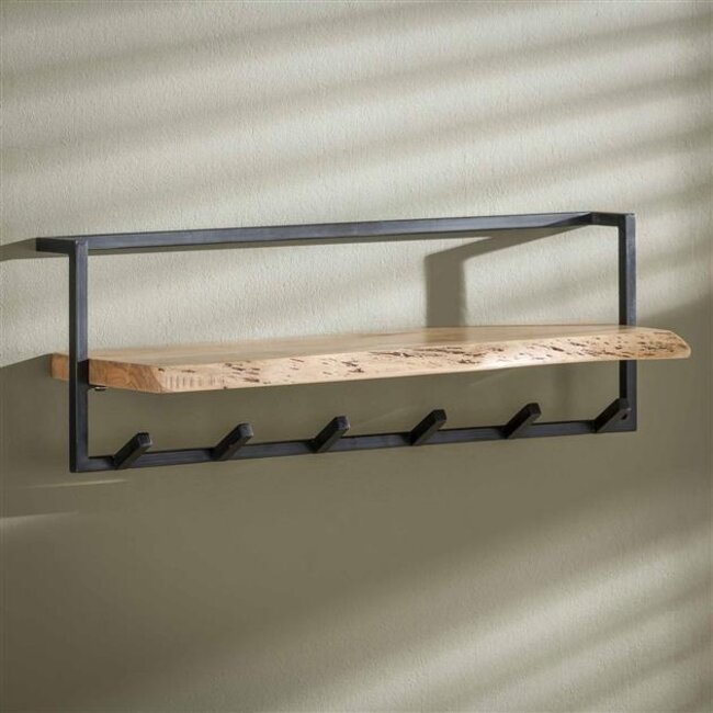 PS-Collection Edge Shelve 6 Haken Kapstok - 100x25x32cm - Naturel - Acacia/Metaal