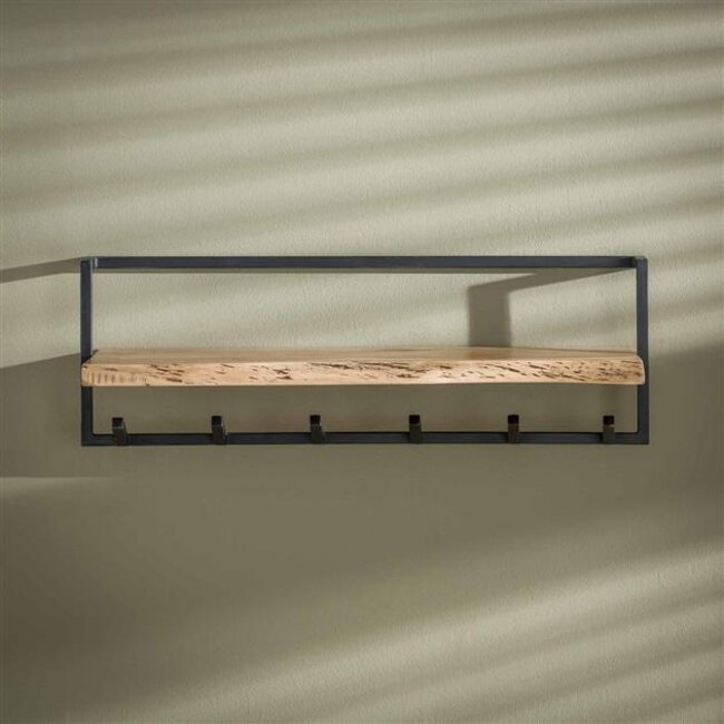 PS-Collection Edge Shelve 6 Haken Kapstok - 100x25x32cm - Naturel - Acacia/Metaal