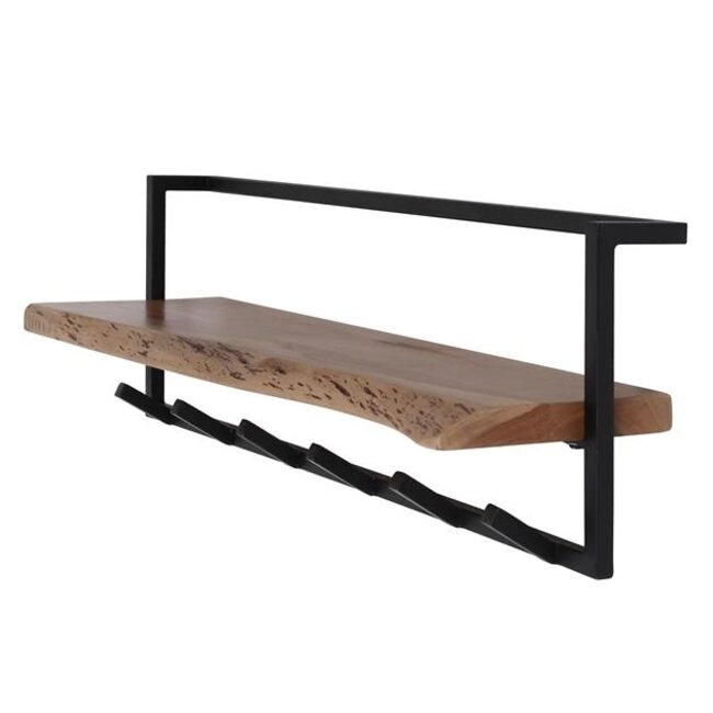 PS-Collection Edge Shelve 6 Haken Kapstok - 100x25x32cm - Naturel - Acacia/Metaal