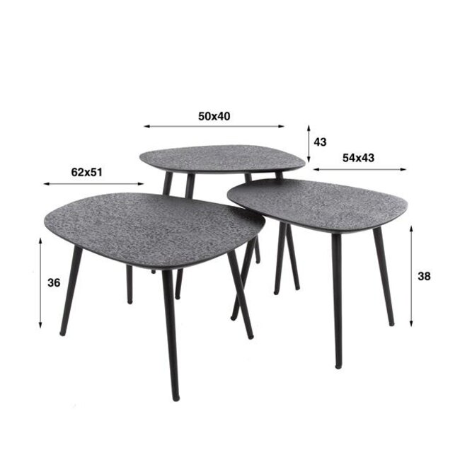 Metallic Vierhoekig Set/3 Salontafel - 62x51x36cm - Zwart - Metaal