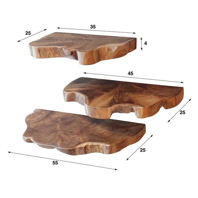 Wandplank Set van 3 Teakhout Naturel - Natural Line