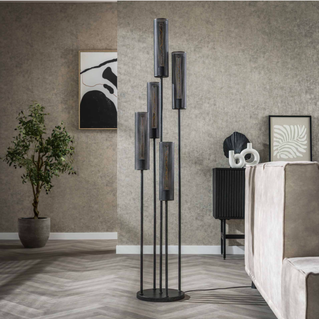 Vloerlamp Zwart Metaal 5 Lichtpunten - Tube Mesh