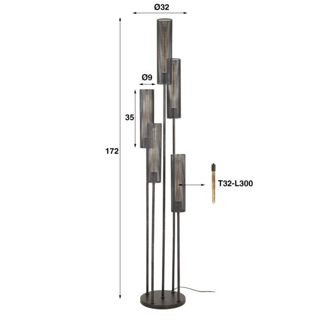 Vloerlamp Zwart Metaal - Tube Mesh Getrapt 5 Lichts