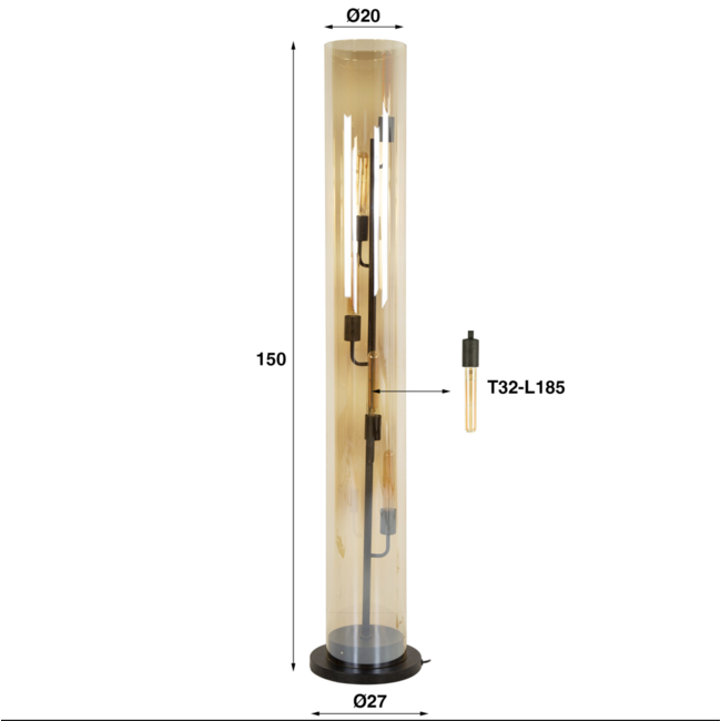 Tube 5L Vloerlamp - 20x20x153cm - Amber Kleur Glas