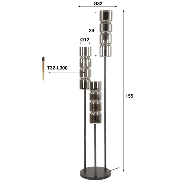 Cylinder Glas Getrapt 3L Vloerlamp - 32x155 cm - Zwart - Metaal