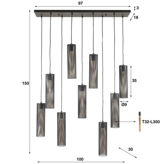 Hanglamp Artic Zwart Metaal 9 Lichtpunten - Tube Mesh