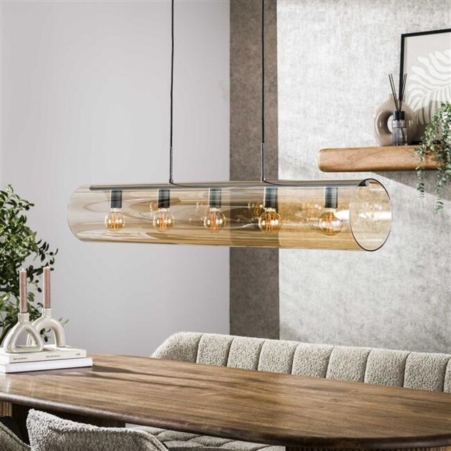 Hanglamp Amber Glas Metaal 5 Lichtpunten - Tube
