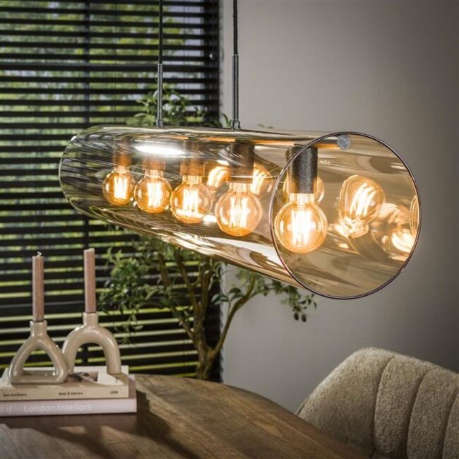 Hanglamp Amber Glas Metaal 5 Lichtpunten - Tube