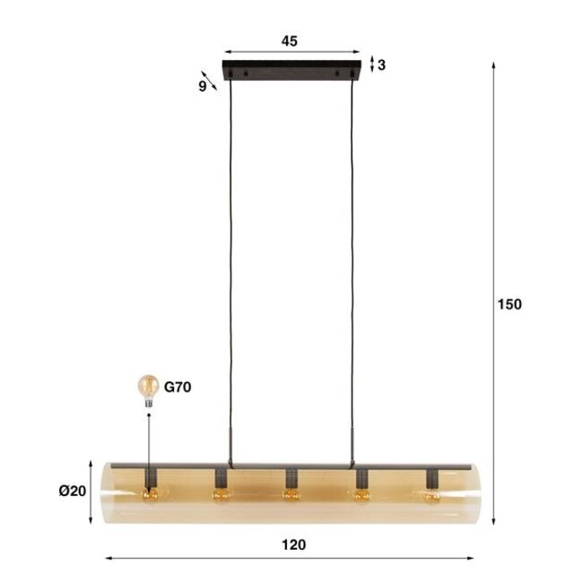 Hanglamp Amber Glas Metaal 5 Lichtpunten - Tube