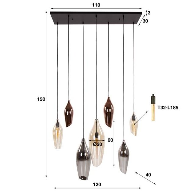 Hanglamp Amber Koper Chroom Glas 7 Lichtpunten - Cocoon