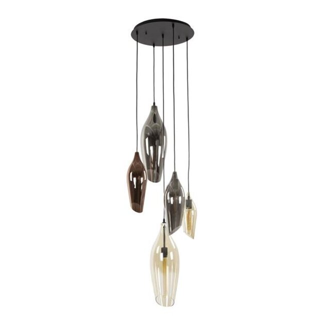 Hanglamp Glas Amber Koper Chroom 5-Lichts - Cocoon