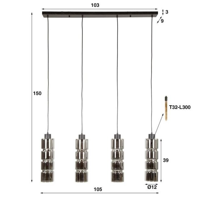 Hanglamp Chroom Glas 4 Lichtpunten - Cylinder Glass