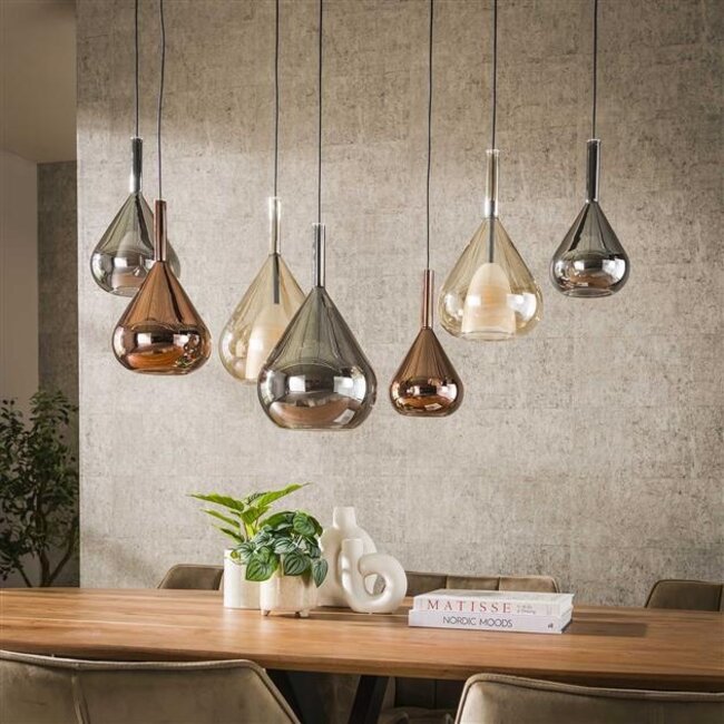 Hanglamp Amber Koper Chroom Glas 7 Lichtpunten - Wings