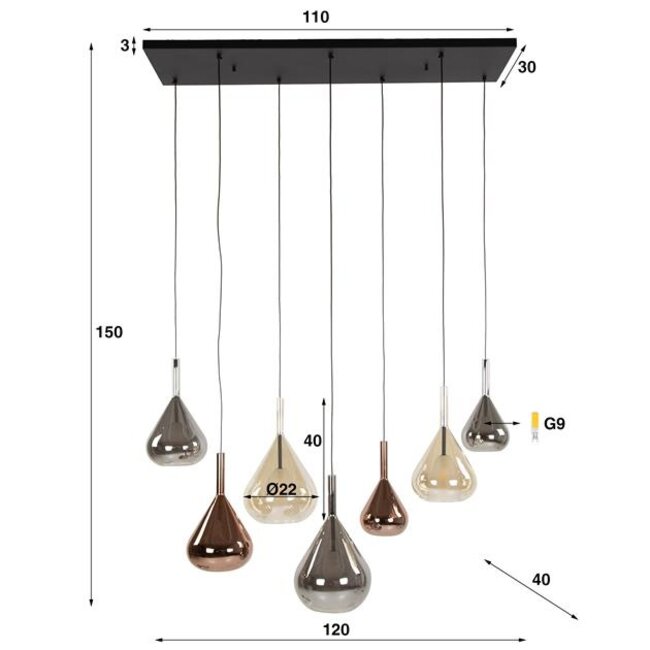 Hanglamp Amber Koper Chroom Glas 7 Lichtpunten - Wings