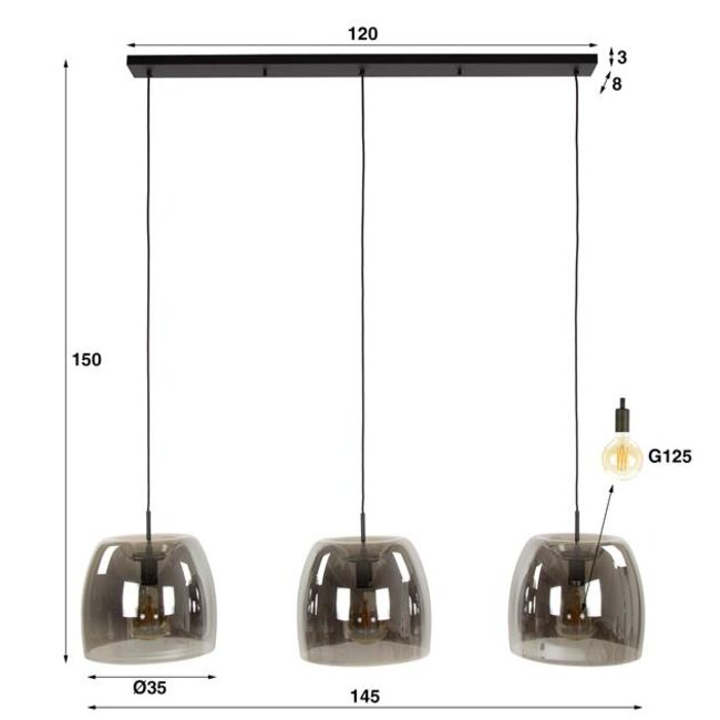 Hanglamp Smoke Glas Zwart Metaal 3-Lichts - Drift