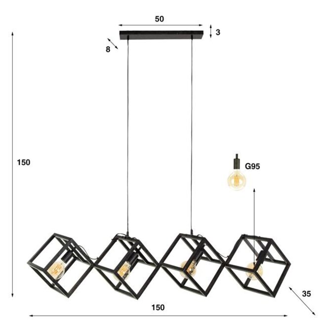 Kubus 4L Hanglamp - 150x35x150cm - Charcoal - Metaal 