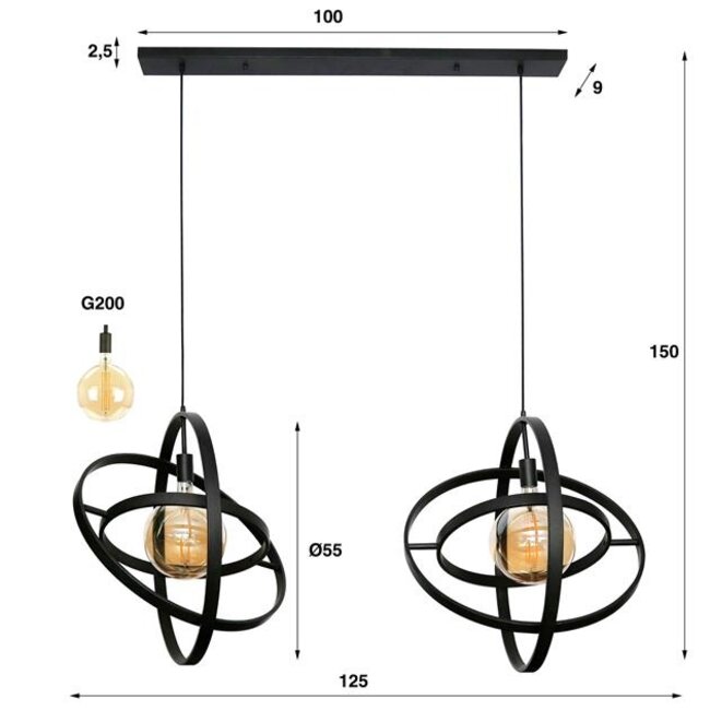 Hanglamp 2L Galaxy - 125x55x150 cm - Zwart - Metaal