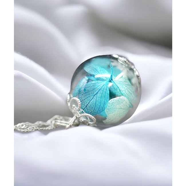 925 Sterling Zilver Ketting - Hortensiabloemen in Glasbol Hanger