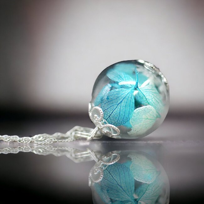925 Sterling Zilver Ketting - Hortensiabloemen in Glasbol Hanger