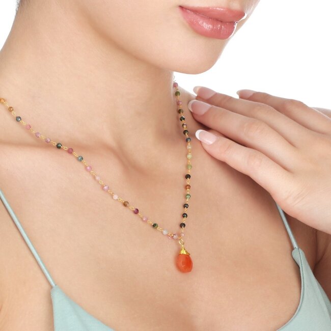 Gouden Ketting met Carneool & Toermalijn – Teardrop Hanger