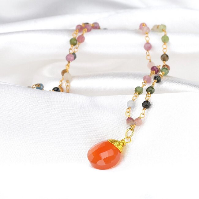 Gouden Ketting met Carneool & Toermalijn – Teardrop Hanger