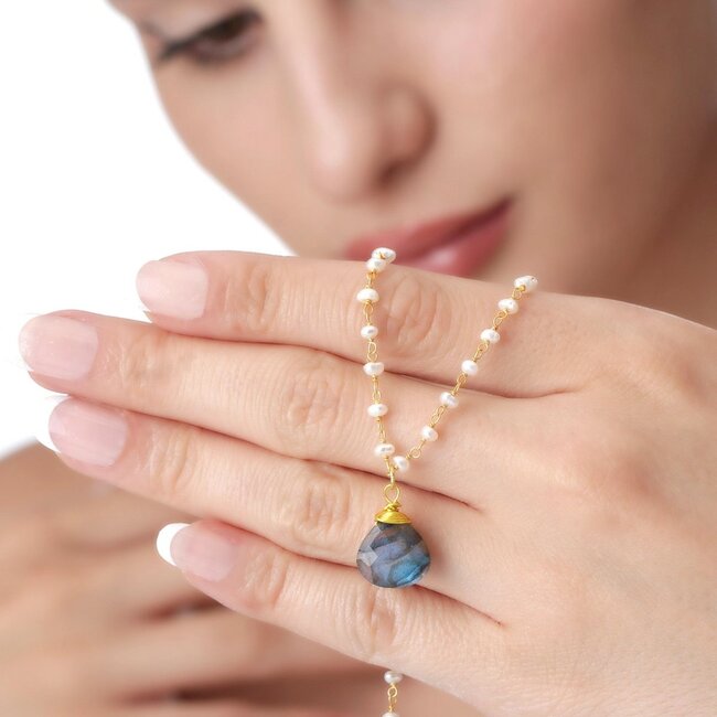 Labradoriet & Zoetwaterparel Teardrop Hanger Ketting