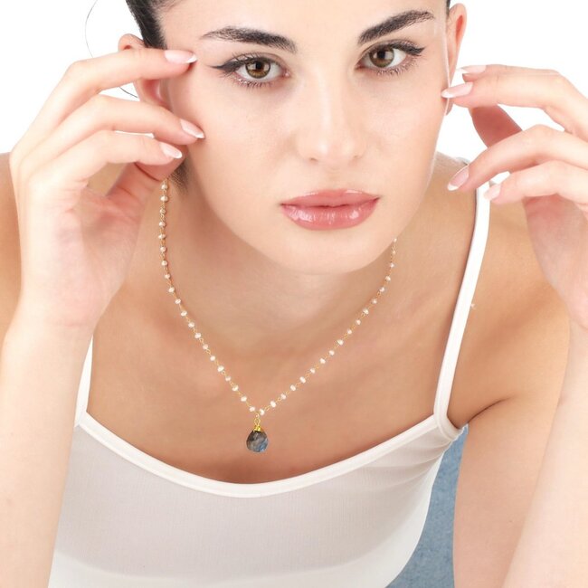 Labradoriet & Zoetwaterparel Teardrop Hanger Ketting