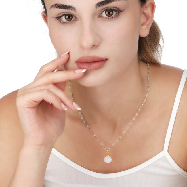 Goudkleurige Ketting met Maansteen & Aquamarijn Teardrop Hanger