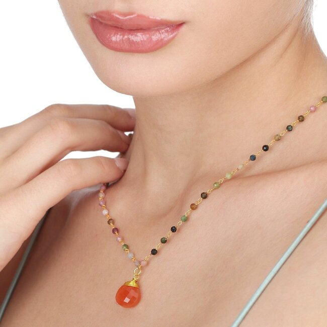 Gouden Ketting met Carneool & Toermalijn – Teardrop Hanger