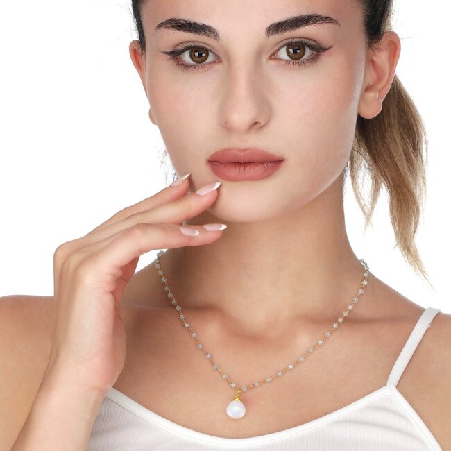 Goudkleurige Ketting met Maansteen & Aquamarijn Teardrop Hanger
