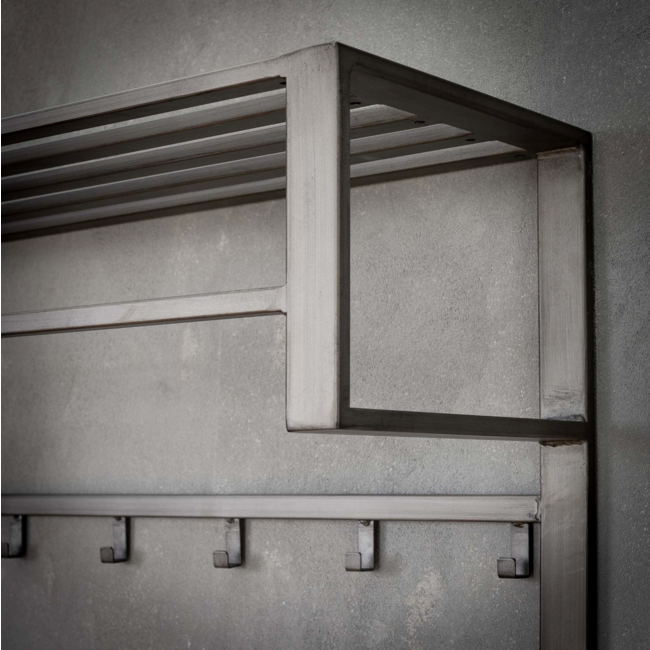 PS-Collection Industriële 2x6 Haken Kapstok Roede-Hoedenplank - 80x30x89 cm - Zilver - Metaal