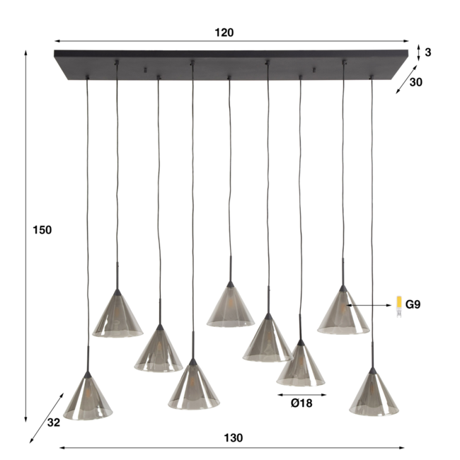 Tapse Kap 5+4 Hanglamp - 130x32x150cm - Smoke Grey - Glas
