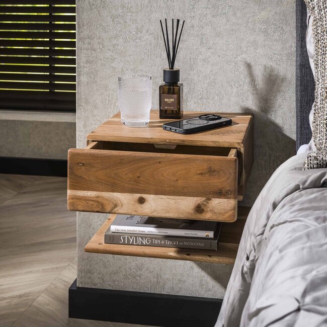 Zwevend Nachtkastje Acaciahout Naturel Shelve 1 Lade