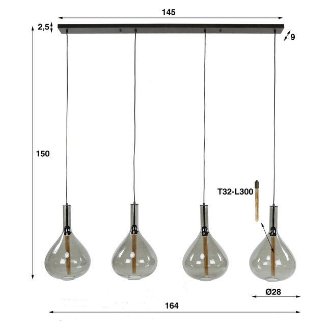 PS-Collection Drop Smoke Glass 4L Hanglamp - 164x30x150cm - Artic Zwart