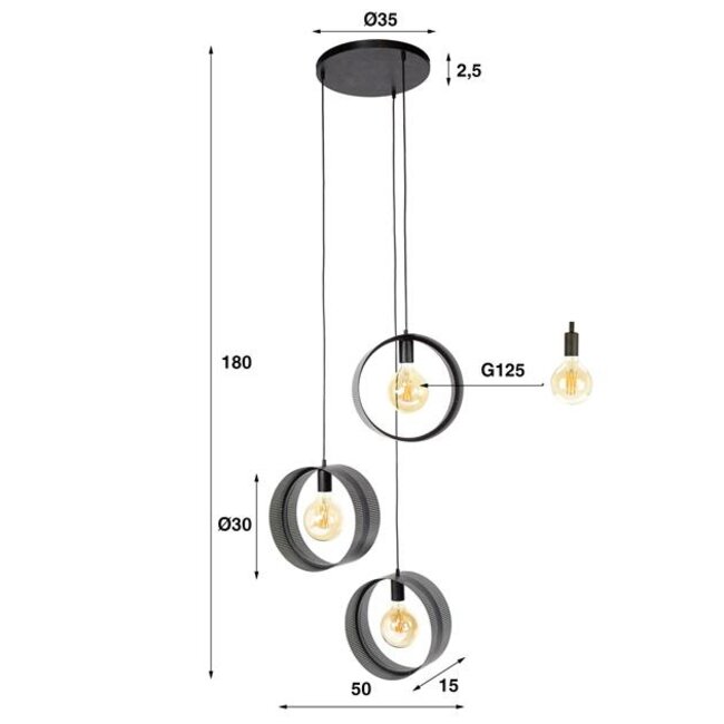 Hanglamp Metaal Charcoal 3 Lichtpunten - Ring Mesh