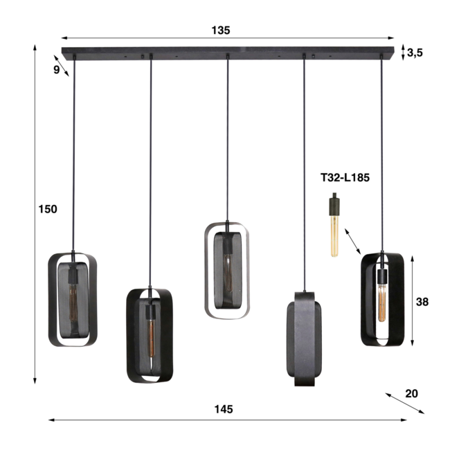 PS-Collection Mesh Rotate 5L Hanglampen - 145x20x150 cm - Zwart - Metaal