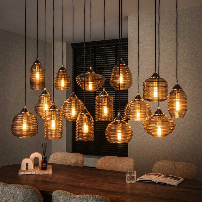 Hanglamp Amber Glas 15 Lichtpunten - Rib Glass