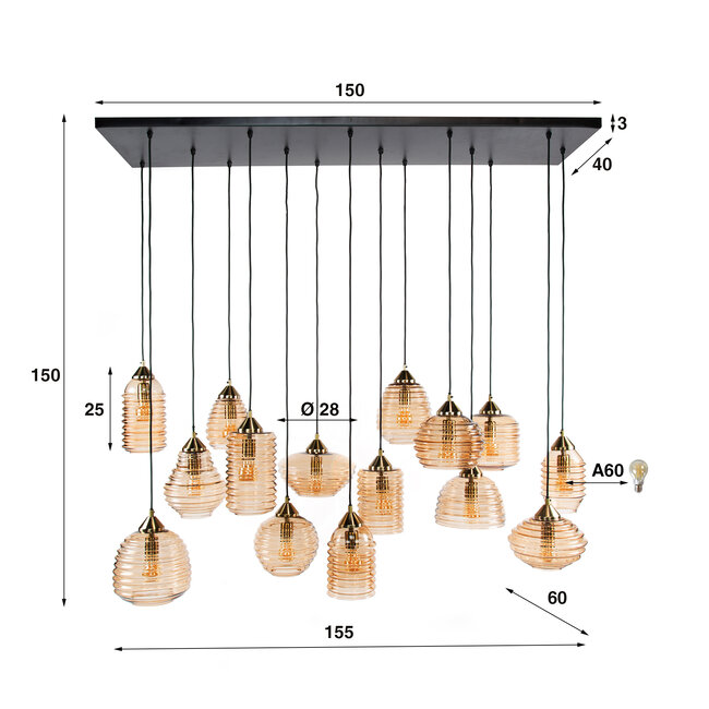Hanglamp Amber Glas 15 Lichtpunten - Rib Glass