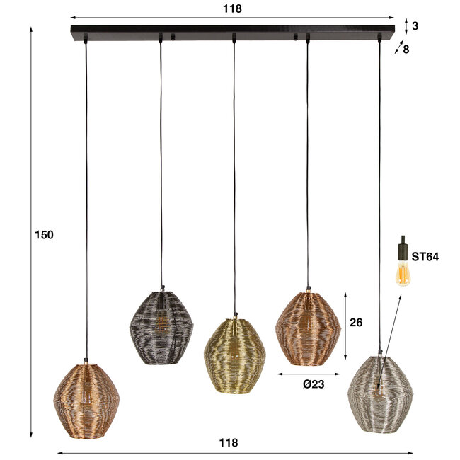 Hanglamp Zwart Nikkel Chroom Koper 5 Lichtpunten - Web