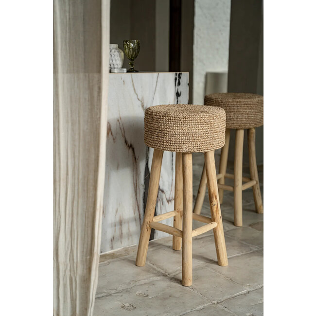 Barkruk Rond Teakhout Raffia Naturel - The Raffia