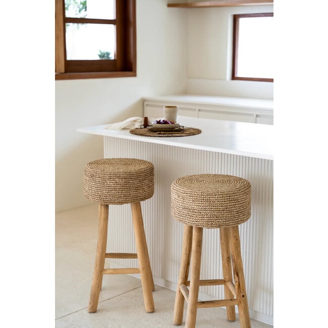 Barkruk Rond Teakhout Raffia Naturel - The Raffia