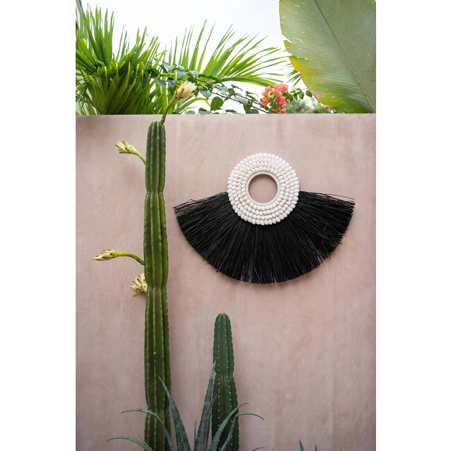 Shell Alang Alang Wanddecoratie - Raffia/Schelpen - Zwart - 86x62 cm