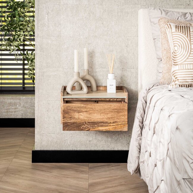 PS-Collection Nuovo Travertin Hangend Nachtkastje - 40x35x19cm - Zandkleur - Mangohout