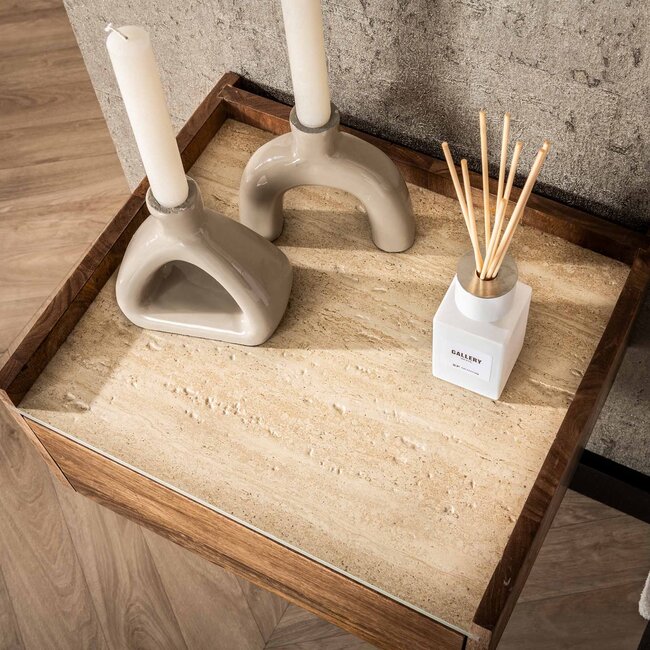 PS-Collection Nuovo Travertin Hangend Nachtkastje - 40x35x19cm - Zandkleur - Mangohout