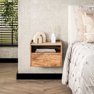 PS-Collection Nuovo Travertin Hangend Nachtkastje Open Vak - 40x35x30 cm - Zandkleur - Mangohout