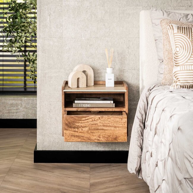 PS-Collection Nuovo Travertin Hangend Nachtkastje Open Vak - 40x35x30 cm - Zandkleur - Mangohout