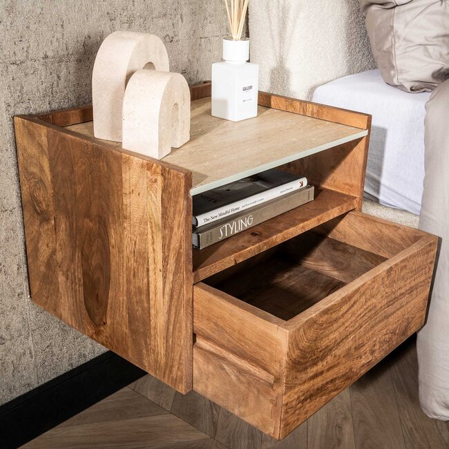 PS-Collection Nuovo Travertin Hangend Nachtkastje Open Vak - 40x35x30 cm - Zandkleur - Mangohout