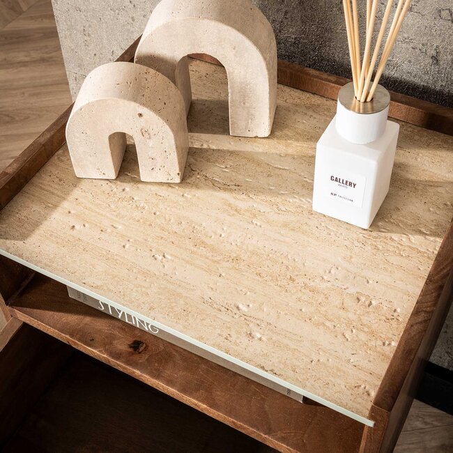 PS-Collection Nuovo Travertin Hangend Nachtkastje Open Vak - 40x35x30 cm - Zandkleur - Mangohout