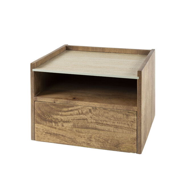 PS-Collection Nuovo Travertin Hangend Nachtkastje Open Vak - 40x35x30 cm - Zandkleur - Mangohout