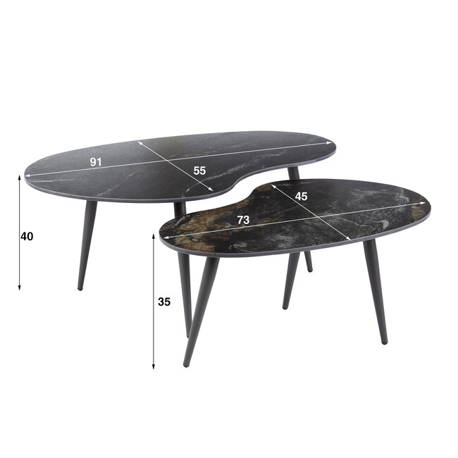 Fossil Salontafel Set van 2 - Niervormig - 91x55x40cm - Zwart - Keramiek/Metaal